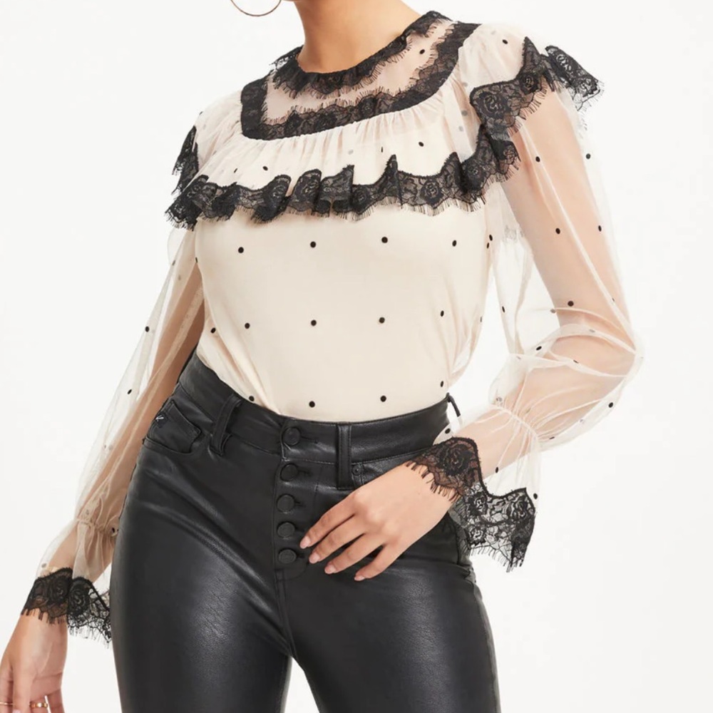 BERNADETTE TULLE LACE POLKA DOT TOP - BLACK/IVORY